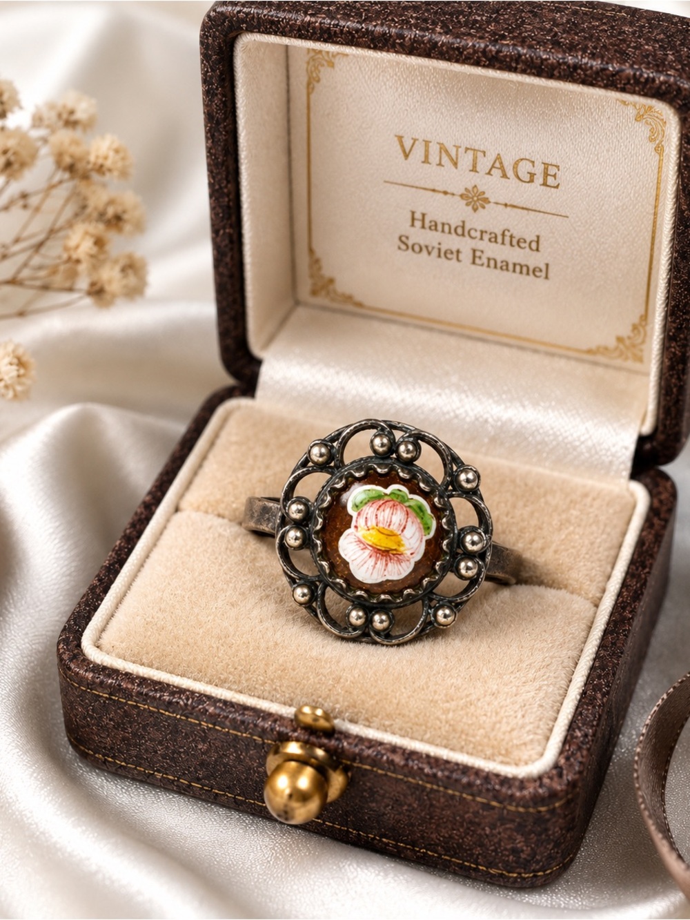 Vintage Soviet enamel ring with floral motif, delicate folk-inspired design.